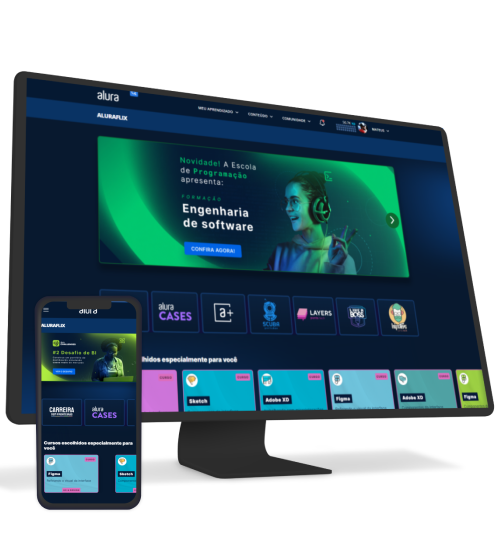 monitor e celular com alura plus aberto
